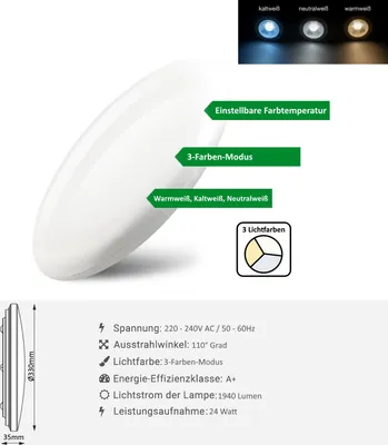 Productafbeelding van 24W LED plafondlamp JADE, slimme lamp met instelbare lichtkleur en kleurverandering, 1940 lumen, ronde witte plafondlamp met een diameter van 33 cm, geschikt voor woonkamer, slaapkamer, keuken, etc.