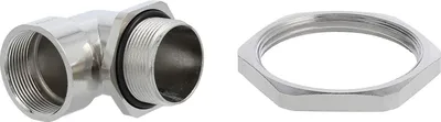 Imagen del producto de STEX24: Codo de conexión roscado con tuerca de contrapresión, rosca M32x1,5, fabricado en zinc fundido y niquelado, longitud de rosca 18,5 mm - 1 unidad