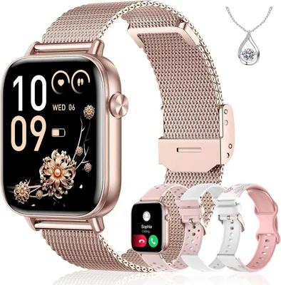 Produktbild von Smartwatch Damen, 4 Armbänder + Halskette, 1,83" HD Touchscreen Armbanduhr, Bluetooth Anrufe, 100+ Sportmodi Fitness Tracker Schrittzähler SpO2/Schlaf