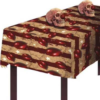 Zdjęcie produktu dla Obrus Horror Circus Dekoracja stołu na Halloween czerwono-beżowy 120 x 180 cm – rozmiar uniwersalny