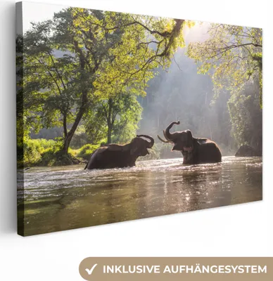 Produktbild von MuchoWow® - Leinwandbilder - Elefant - Wasser - Tiere - Bäume - Sonne, Wandbild, Wanddeko Bilder Wohnzimmer, 60x40cm