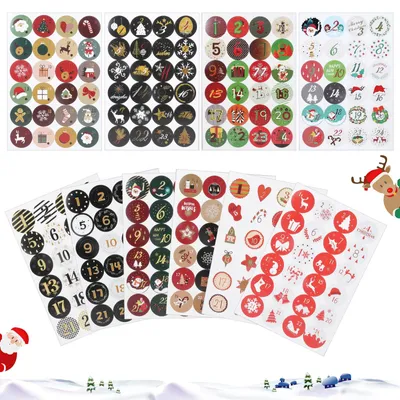 Adventskalender-Sticker 10 Bögen, Zahlen 1–24, rund, Weihnachtsmotive