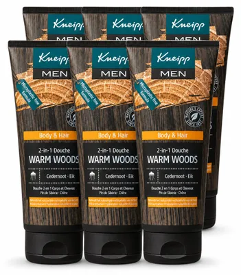 Image de 6 flacons de gel douche 2-en-1 Kneipp Homme, senteur Bois Chaud, 200 ml chacun. Pack avantage de 6 pièces
