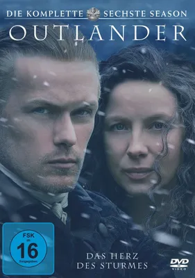 The image is a DVD cover for the sixth season of Outlander, featuring the main characters in a snowy setting.
