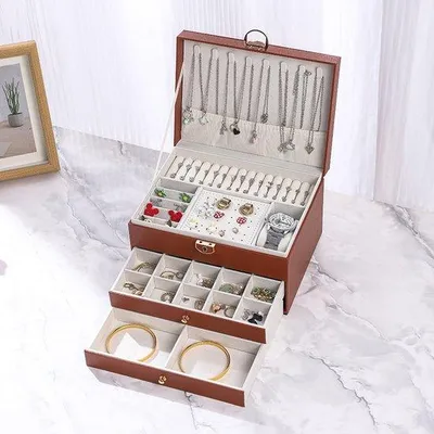 Image de Boîte de rangement sécurisée, organisateur à bijoux avec 2 compartiments, coffret à bijoux en cuir à 3 niveaux avec serrure, coffret à bijoux pour colliers, boucles d'oreilles et bracelets (marron, 3 niveaux)