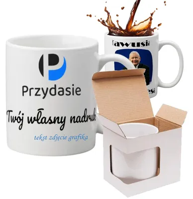 Zdjęcie produktu dla Kubek z twoim własnym nadrukiem logo napisem zdjęciem 330 ml ceramiczny personalizowany pudełko gratis biały