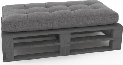 A gray tufted cushion sits atop a dark gray wooden pallet bench.
