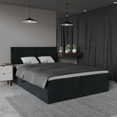 Image de QLA Meubles Lit Boxspring Bergamo 160x200 avec 2 caissons de lit, lit double avec matelas et topper, lit rembourré, lit. Couleur gris foncé
