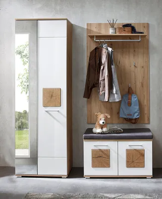 Produktbild von Garderoben-Set mit Garderobenschrank, Garderobenbank und Sitzpolster 3-teilig in Eiche mit weiß Hochglanz, FARGO-36