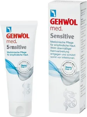 A product shot of a tube and box of Gehwol Med sensitive cream.