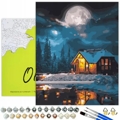 Immagine prodotto di Oh Art! Quadro con cornice in legno - Paesaggio invernale notturno 40 x 50 cm - Colori acrilici fai da te e 3 pennelli per adulti e bambini