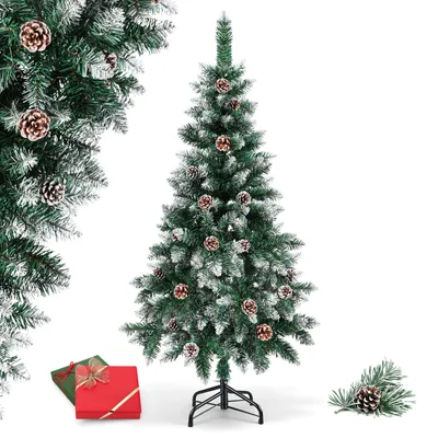 Obrázok produktu pre Vianočný stromček Eikuavons, výška 150 cm, umelý, s efektom snehu, 300 vetvičiek, 20 šišiek, umelá borovica s kovovým stojanom