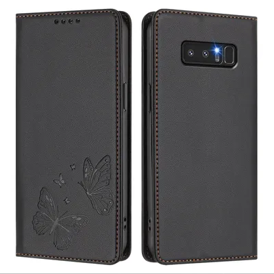 Image de Étui en cuir pour Samsung Galaxy Note 8, motif papillon en relief, étui portefeuille à rabat avec support, noir