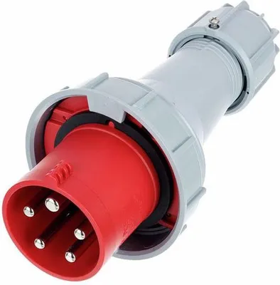 A close-up studio shot of a portable industrial electrical plug.