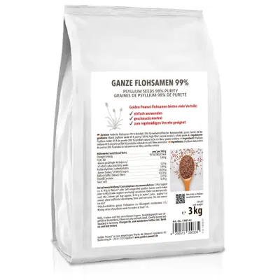 Produktbild von GOLDEN PEANUT Flohsamen ganz 3 kg - 99 % Reinheit, ballaststoffreich, ohne Zusätze, aus Indien, vegane und glutenfreie Backzutat