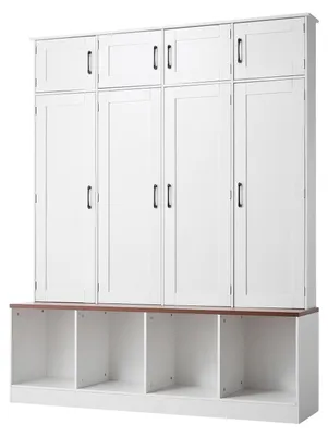 Produktbild von SucceBuy Garderobenständer 1495x380x1871 mm, 4-in-1 Design mit Sitzbank, Haken, Stauraum und Schuhregal, Flurmöbel aus Holz für Eingangsbereich, Diele, Flur, Weiß