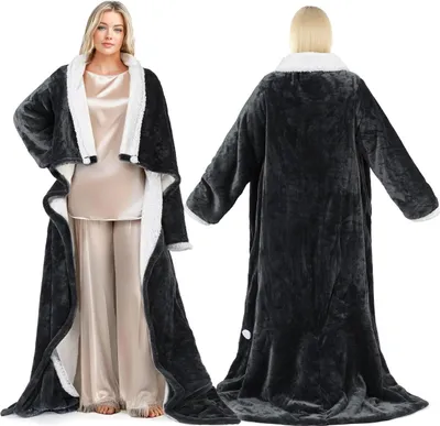 A woman wearing a long, gray, hooded blanket robe with white trim, shown from the front and back.