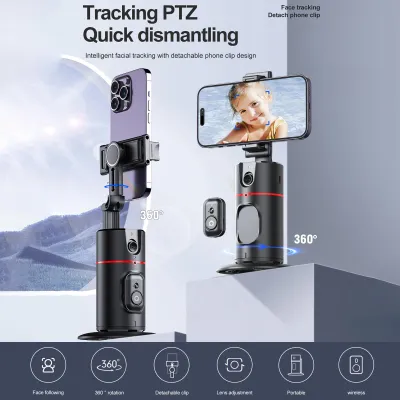 Immagine prodotto di Treppiede con tracciamento automatico del volto, supporto per telefono con tracciamento automatico, supporto da tavolo con gimbal per selfie, ruotabile a 360°, capacità di carico 260 g/0,57 libbre, supporto e K