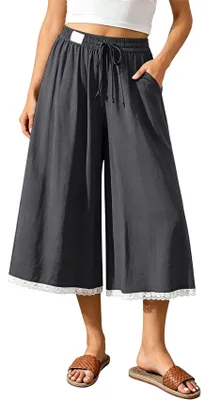 Produktbild von ASKSA Damen Caprihose Leinen Weites Bein 3/4 Hose Sommer Elegant Casual Leicht Freizeithose mit Taschen (Dunkelgrau,S)