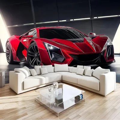 Produktbild von 3D-Fototapete mit einem roten Sportwagen zur Wanddekoration