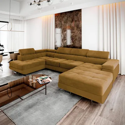 Zdjęcie produktu dla Masseno Narożnik CASONE L-S z funkcją spania i pojemnikiem na pościel Kształt U, Rozkładana sofa, Rogówka - Żółty, MONOLITH 48