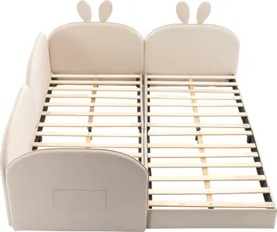 Produktbild von Polsterbett 90x200cm Einzelbett (Ohne Matratze) Kinderbett Jugendbett Mit Holzlatten und Kaninchen Kopfteil Samt Beige