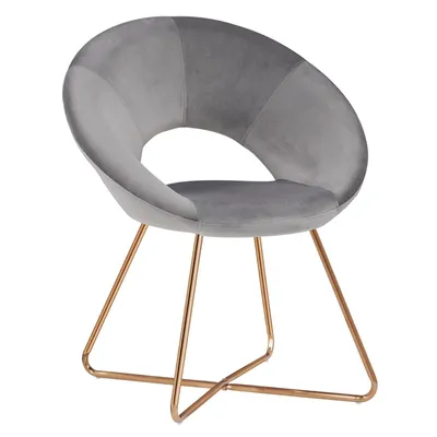 A gray velvet chair with gold metal legs, shown from a side angle on a white background.