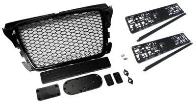 Kühlergrill Sportgrill Waben Schwarz + 2 Kennzeichenhalter für Audi A3 8P 2009 – Produktansicht