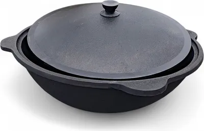 Produktbild von Uzbekischer Kazan 12L aus Gusseisen mit Aluminiumdeckel – runde Basis, robuster Camping- und BBQ-Topf
