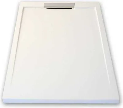 Produktbild von Mineralguss-Duschwanne extra flach LUX Schieferoptik weiß 90x100cm Edelstahl in chrom Ablaufschutz in Chrom