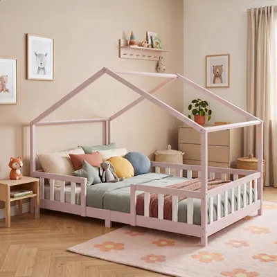 Obrázek produktu pro Dětská postel 'Treviolo' v domácím vzhledu s ochranou proti vypadávání borovicového dřeva 140 x 200 cm růžová / bílá