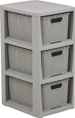A three-drawer gray plastic storage unit with woven-pattern drawers.