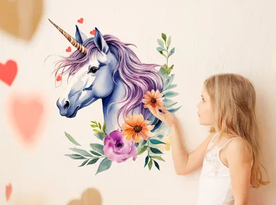 Productafbeelding van Decords Wandsticker – magisch eenhoorn met bloemen, 259 cm