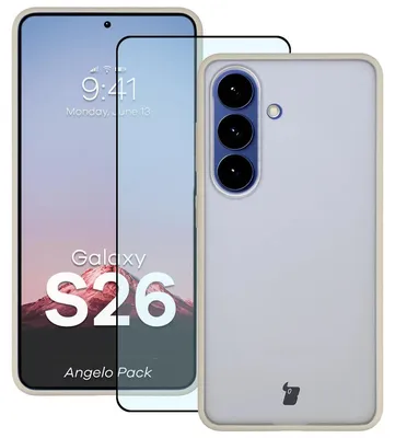 Produktbild von Schutzhülle + gehärtetem Glas für Galaxy S26, Bizon Angelo Pack, Semitransparent mit beigem Rahmen