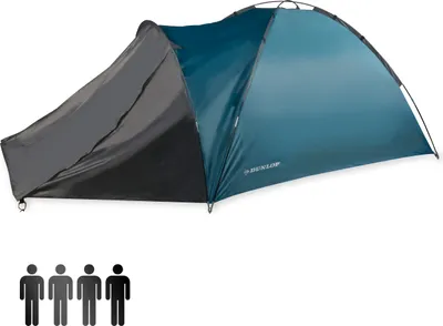 Produktbild von Dunlop 4-Personen Zelt - Kuppelzelt - 210 x 250 x 130 CM - Camping - Festzelt - Wasser- und Winddicht - inkl. Moskitonetz - Blau/Grau