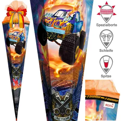 Produktbild von Roth Schultüte 85 cm Jungen Exklusiv Set, Motiv / Ausführung:Monster Truck Schleife Spitze