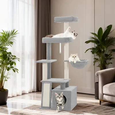 Produktbild von Fobyfurny kratzbaum, 144 cm Mehrstöckiger Katzenbaum, Hellgrau Katzenturm mit Kratzbrett, 4 Sisalstangen, Gemütlicher Katzenhaus, 2 Plattformen