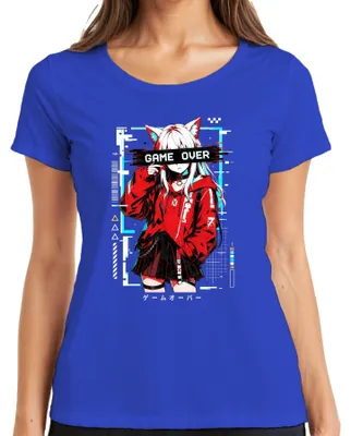 Zdjęcie produktu dla Koszulka damska "Game Over", motyw: dziewczyna z gry, anime, kotek, streetwear, efekt glitch, Japonia, styl Y2K, dla fanów anime, kolor niebieski, rozmiar XXL