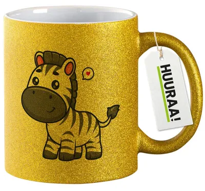Produktbild von Huuraa Glitzertasse Zebra Comic 330ml Gold Keramik Kaffeebecher Geschenkidee