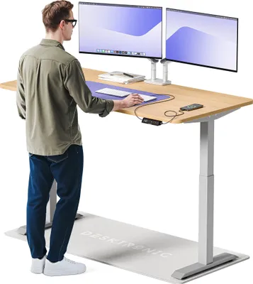 Image de Desktronic HomeOne Bureau électrique réglable en hauteur 160x80cm gris/chêne avec fonction mémoire, technologie anti-collision, ports de chargement USB-A et USB-C