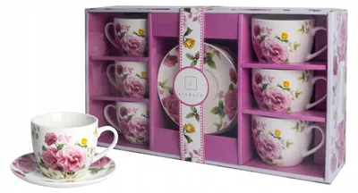 Produktbild von Kaffeeservice 6 x Tasse 250 ml mit Untertasse 14 cm Porzellan Livello Pfingstrosen