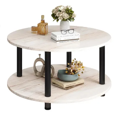 Runder Couchtisch, 2 Ablagen, Metallgestell, 60x60x48,5 cm, Eiche-Schwarz