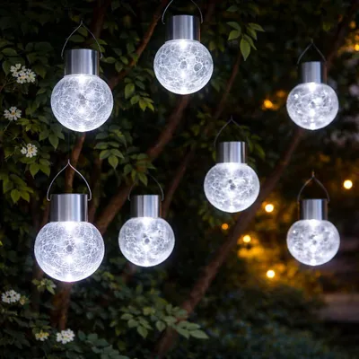 Produktbild von LUMILED 6x Set Solar Kristallglas Hängende LED Kugeln IP44 6500K Garten Glas Pendelleuchte Kugel Dämmerungssensor Risslicht für Party Hochzeit Bar Pavillon Terrasse Zaun Balkon