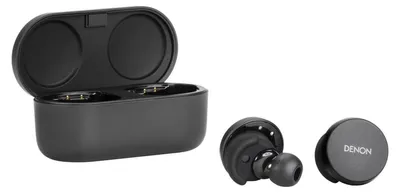 A black charging case for wireless earbuds is shown open, with two earbuds placed next to it on a white background.