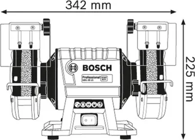 A technical drawing of a Bosch double grinder with dimensions indicated.