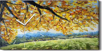 Produktbild von Wohnzimmer-Bild Leinwand Uhr 60x30 Gemälde Baum Blätter Herbst Landschafts Kunst - weiße Hände