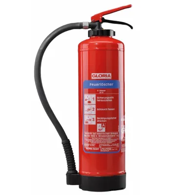 A red fire extinguisher with a black hose and handle, set against a white background.