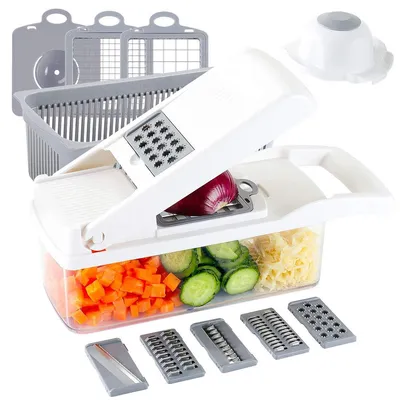 Produktbild von Gemüseschneider Mandoline Slicer Salatzerkleinerer und Lebensmittelwürfel mit 8 Klingen für Gemüse, Zwiebeln, Kartoffel, Ingwer, Küchenwerkzeuge & Gadgets (weiß)
