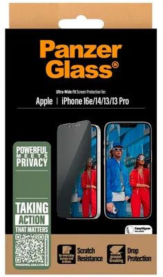 Produktbild von PanzerGlass ® 2-Way Privacy Displayschutz iPhone 17e | 16e | 14 | 13 | 13 Pro | Ultra-Wide Fit m. Aligner, Apple, Apple - iPhone 13, Apple - iPhone 13 Pro, Apple - iPhone 14, Apple - iPhone 16e, Trockene Anwendung, Kratzresistent, Schockresistent, Transparent, 1 Stück(e)