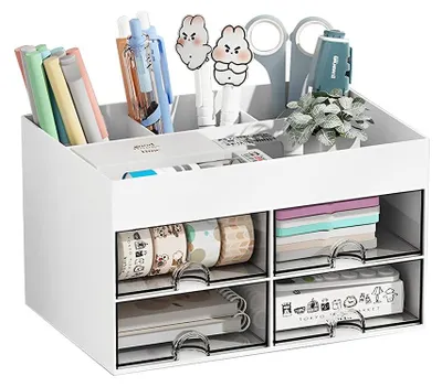 Image de Organisateur de bureau avec 4 tiroirs, multifonctionnel, de couleur blanche, pour bureau